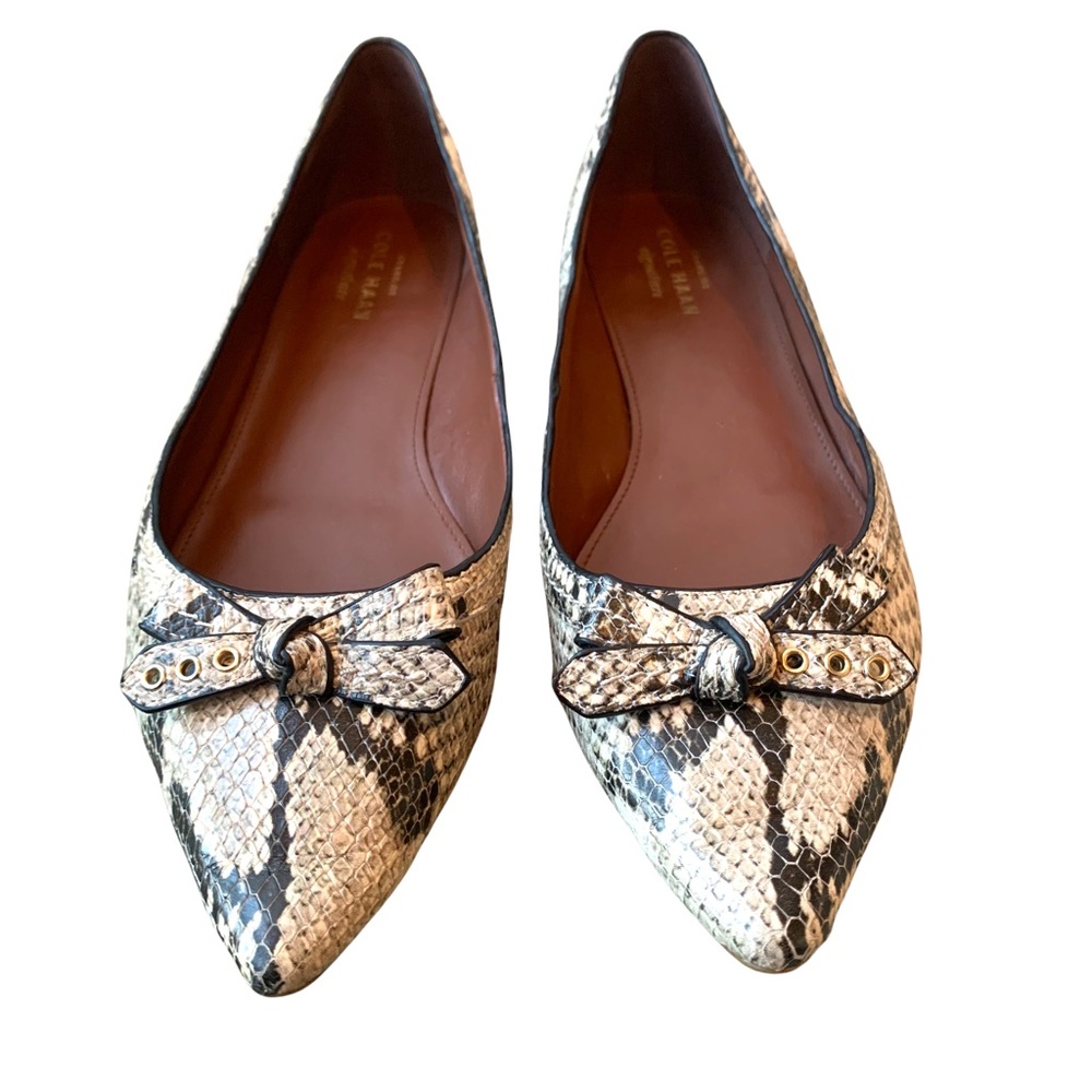 Cole Haan Alice Bow Flats w Snake Skin Print, Grommets, & Pointed Toes s…